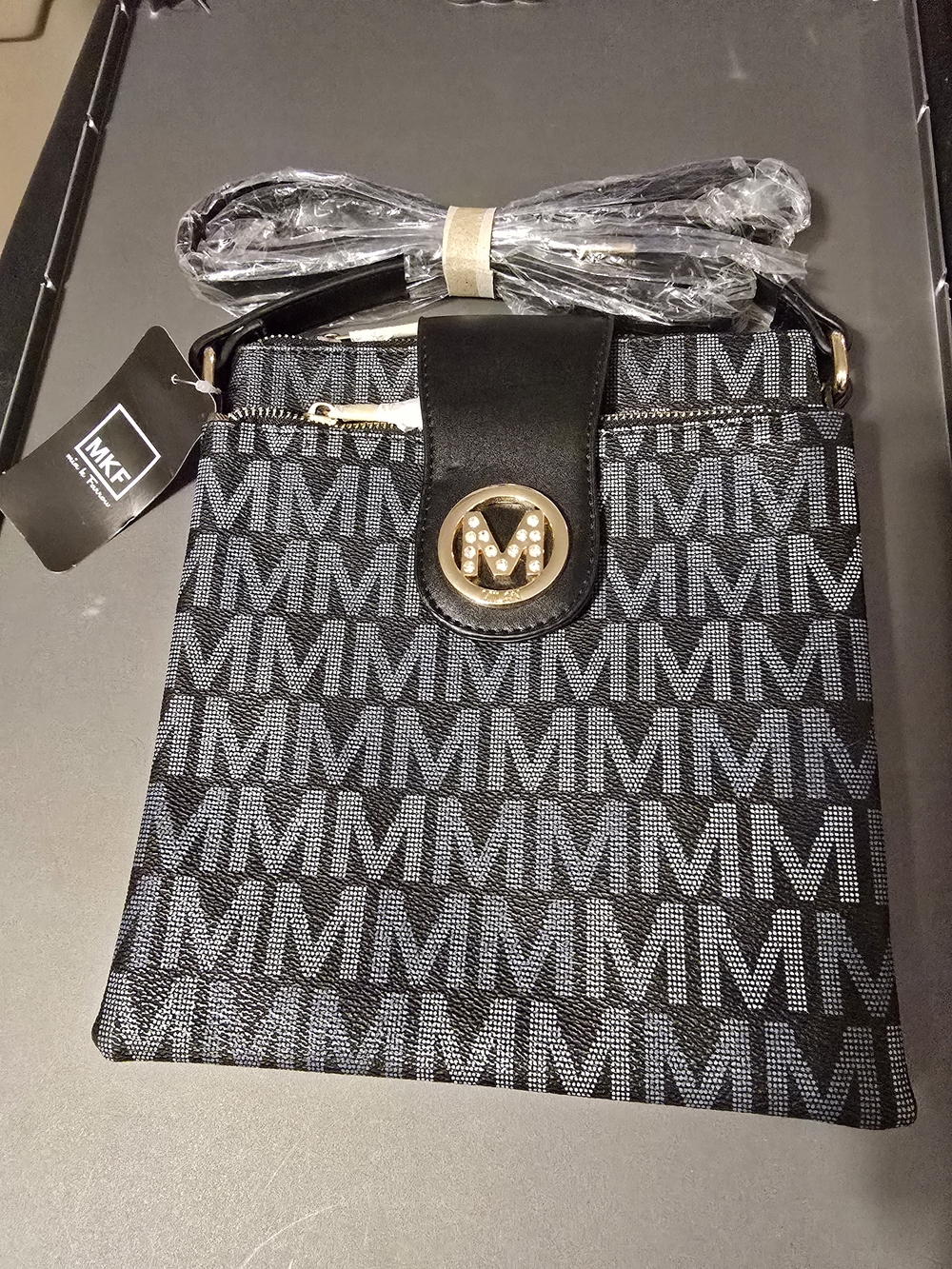 Mia K Farrow Signature Black Crossbody Bag with Gold Logo